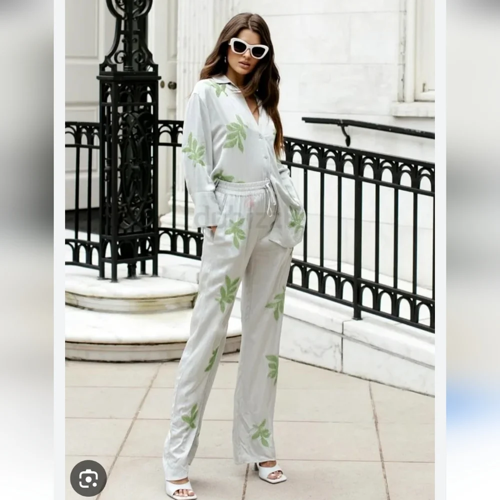 ZARA Set 2 pc Embroided Beaded Leaf Wide Satin Pants and Top size S